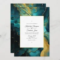 Teal and Gold Alcohol Ink Wedding Invitation