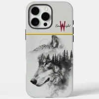 Wolf silhouette merges with mountains iPhone 16 pro max case