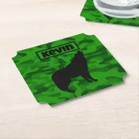 Modern Green Camo Black Wolf Silhouette Monogram | Paper Coaster