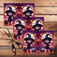 Cute little witch with cats and pumpkins, tissue paper