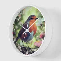 Cute Robin Among Trees, Flowers And Nature White Clock