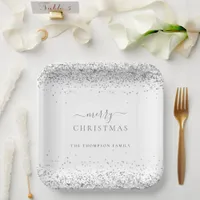 Silver Glitter White Name Merry Christmas  Paper Plates