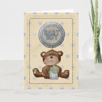 Bear with Rattle & Baby Boy Balloon Blank Card