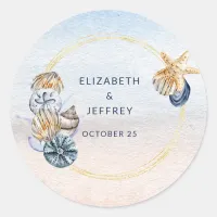 Rustic Seashells Ocean Sea Summer Beach Wedding Classic Round Sticker