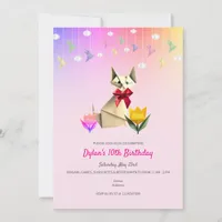 Cute Origami Cat & Cranes Any Age Birthday Party Invitation