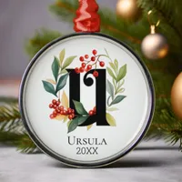 Monogram Initial Letter U Berry Wreath Christmas Metal Ornament