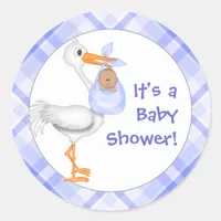 Stork & Baby Boy (dark skin) Baby Shower Classic Round Sticker