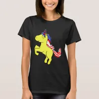 Unicorn Yellow Patriotic USA Flag Mane Cartoon T-Shirt