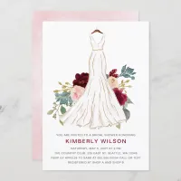 Burgundy Floral Wedding Dress Bridal Shower Invitation