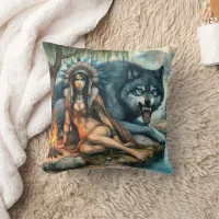 Native Woman by Wolf and Campfire Throw Pillow