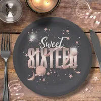 Moon and Stars Sweet 16  Rose Gold/Blk ID788 Paper Plates