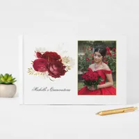 Red and Gold Vintage Rose Quinceañera Photo Guest Book