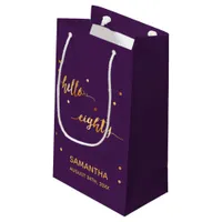 80th birthday purple gold hello 80 name script small gift bag