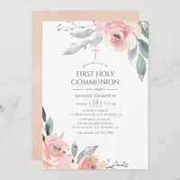 Pastel Blush Pink Floral First Holy Communion Invitation