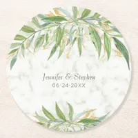 Watercolor Botanical Marble Elegant Wedding Round Paper Coaster