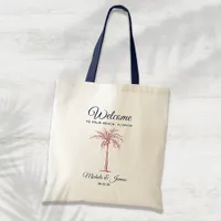 Navy Rose Gold Pink Palm Tree Wedding Welcome Tote Bag