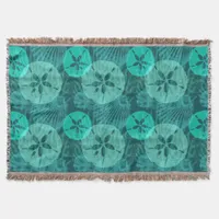 Aqua Sand Dollars Seashells Pattern on Dark Green Throw Blanket