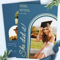 She Did It Blue Modern Arch Photo Graduation Foil Invitation