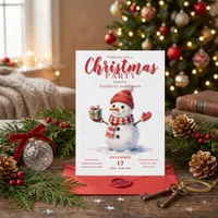 Watercolor Snowman Classic Red Christmas Party Invitation