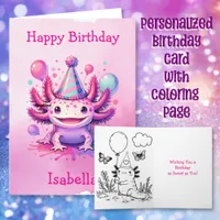 Pink and Purple Axolotl Personalized Birthday Card