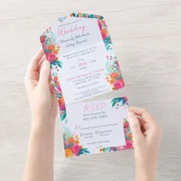 Tropical Pink Orange Watercolor Floral Wedding All In One Invitation