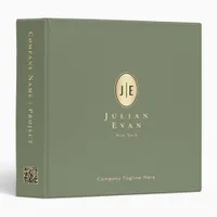 Elegant Shiny Gold Oval Monogram Sage Green 3 Ring Binder