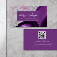 Marble Agate Purple Silver Glitter QR Code Business Card