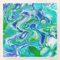 Blue and Green Marble Fluid Art Abstract    Glass Coaster