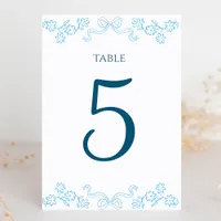 Elegant Hand-Drawn Floral & Bow Blue Wedding  Table Number