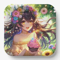 Pretty Anime Girl's Birthday Cupcake Paper Plates