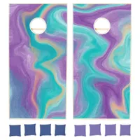 Purple, Gold and Teal Swirls Faux Marble   Cornhole Set