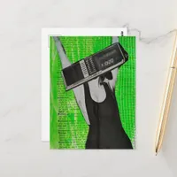Retro Radio Alarm Clock Woman on Green Collage Postcard