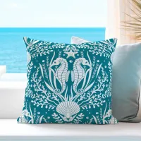 Seahorses Damask Teal Blue White Ocean Sea Life Throw Pillow