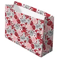 Doodle Art Style Red Pink Roses Hearts Valentine's Large Gift Bag