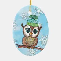 Watercolor Owl with Personalized Message on Back Ceramic Ornament