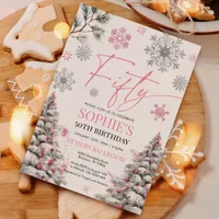 Winter Fifty Birthday Invitation, Pink and Silver Invitation