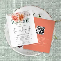 Budget Peach Peonies Floral QR Code Wedding Invite