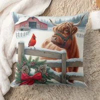 Festive Highland Cow and Cardinal Christmas Throw Pillow