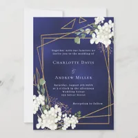 Navy blue white florals gold geometric wedding invitation