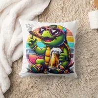 Cheerful turtle toasting at sunset throw pillow