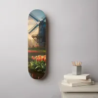 Windmill in Dutch Countryside by River with Tulips Skateboard