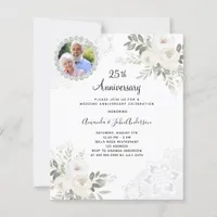 White fllorals photo 25th wedding invitation