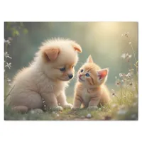 Best friends - cute puppy and kitten in the grass tissue paper