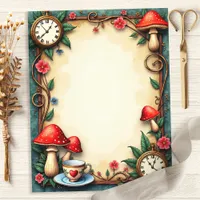 Alice Mushrooms Teacups and Clocks Scrapbook Paper