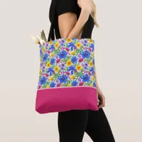 Vivid Blue Yellow Red Purple Flowers Color Block Tote Bag