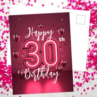 Vibrant Chic Neon Pink 30th Birthday with Balloons Postcard