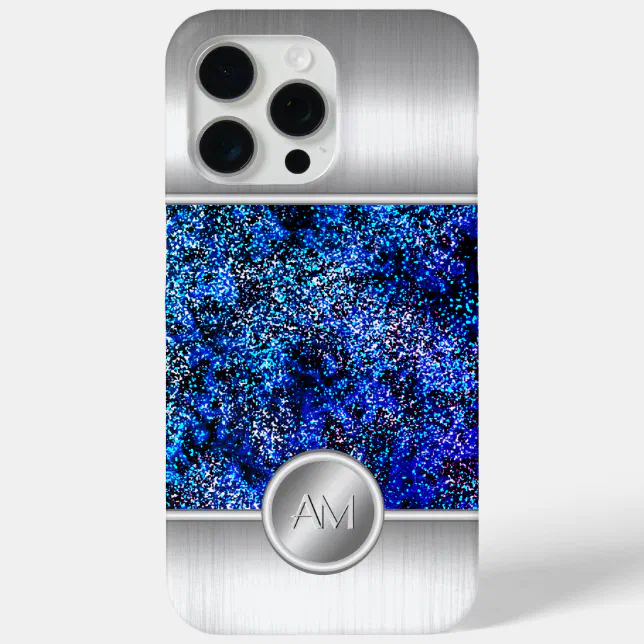 Steel and blue glitter monogram phone case