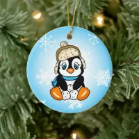 Adorable Hand drawn Penguin with Snowballs Ceramic Ornament