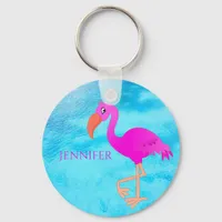 Blue pink tropical flamingo sea name keychain