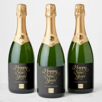 Happy New Year black gold business logo Sparkling Wine Label
